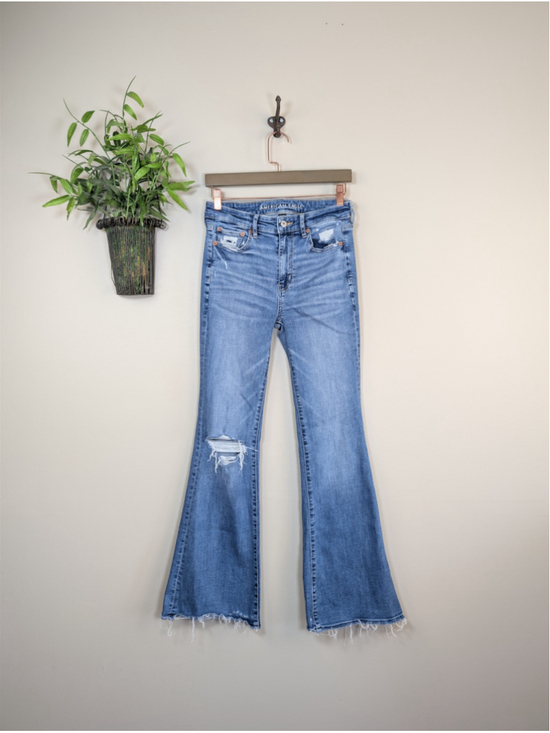 American Eagle Outfitters Denim - AE 2 Super Hi Rise Flare Jeans Frayed Distressed Medium Blue Wash American Eagle